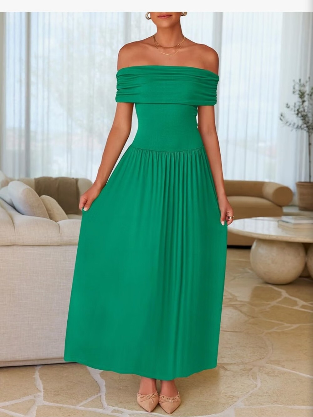 Off-Shoulder Emerald Green Maxi Dress NWT Size Large - Picture 5 of 16